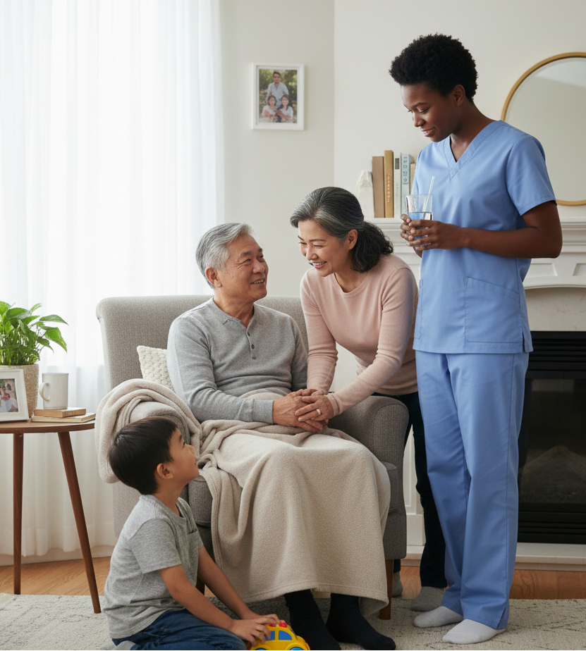 Family with care worker at home