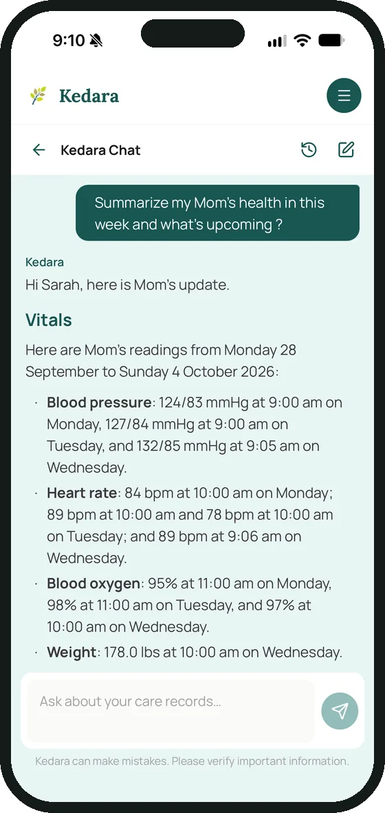 Kedara Chat answering a request to summarize Mom's week, listing blood pressure, heart rate, blood oxygen and weight readings