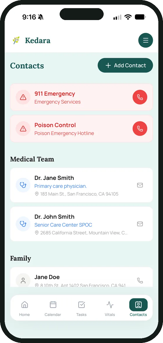 Contacts screen with 911, Poison Control, a primary care physician and family contacts