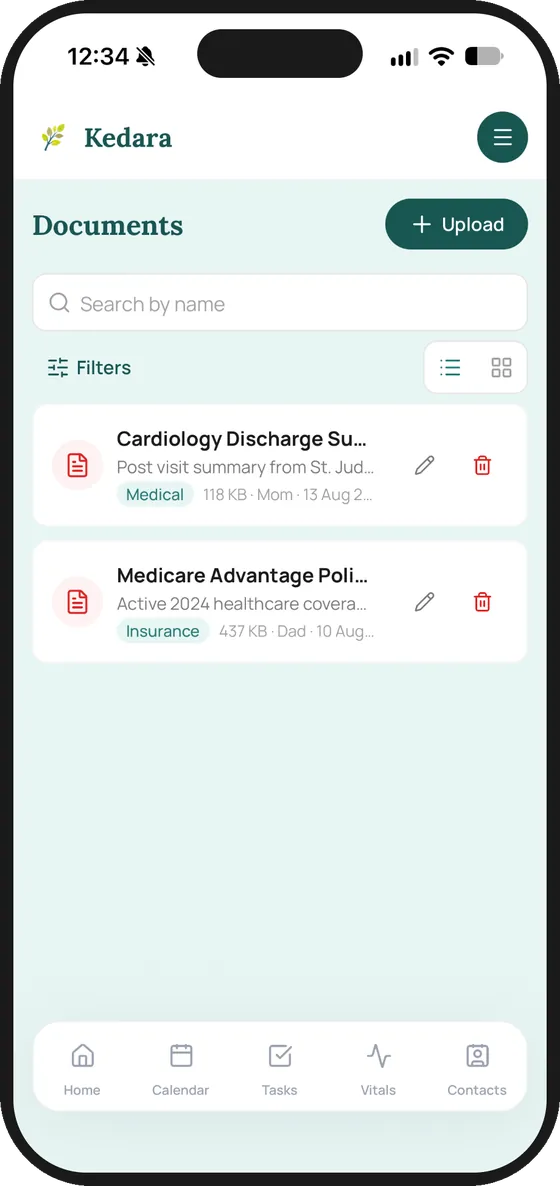 Documents screen with a cardiology discharge summary for Mom and a Medicare Advantage policy for Dad