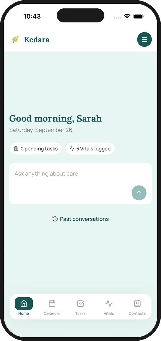Kedara App home screen: Good morning, Sarah, with 0 pending tasks, 5 vitals logged and an Ask anything about care box