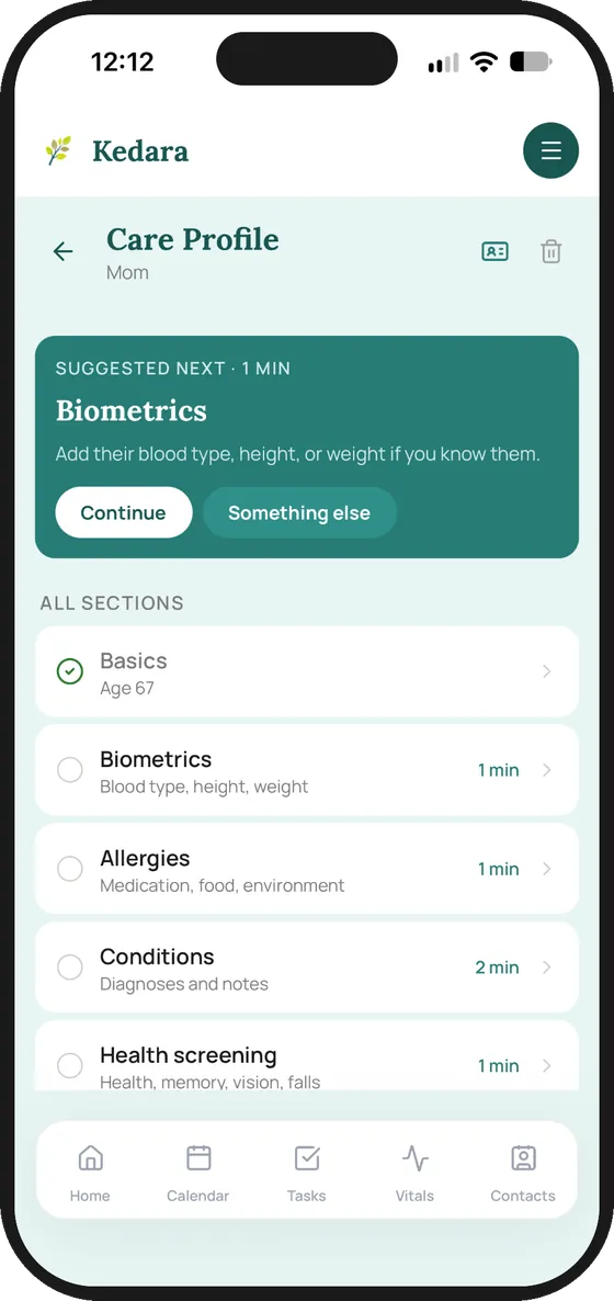 Care Profile for Mom with a suggested next step and sections for basics, biometrics, allergies, conditions and health screening